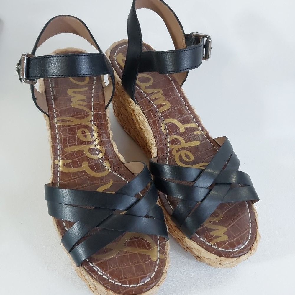 Women's Sz 10 Sam Edelman Darline Black Leather Wedge Espadrilles Sandals Wedges